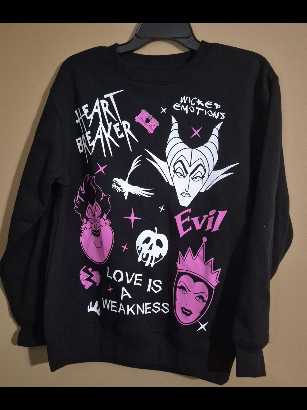 Disney Black Crewneck Sweatshirt with Pink & White Villain Graphics XS